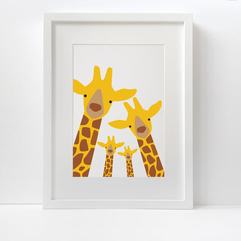 Giraffe Family Selfie Print (Two Children) - Framed