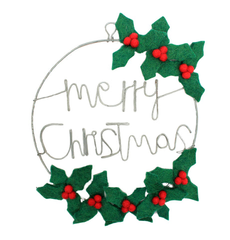 Merry Christmas Wire Wreath with Holly Felt Decoration