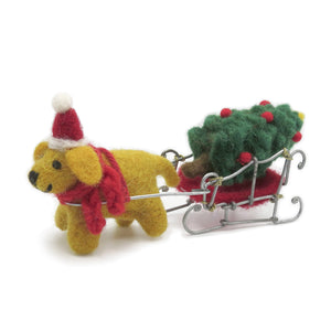 Mini Golden Labrador with Sleigh and Christmas Tree Felt Decoration